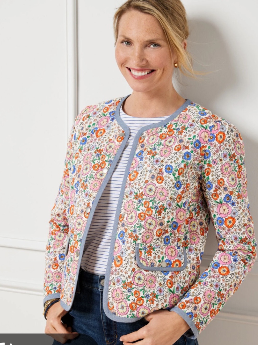 Talbots size 14 Floral Quilted Jacket with Light Blue enchanted blooms